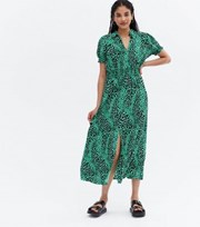 New Look Green Leopard Print V Neck Split Midi Shirt Dress